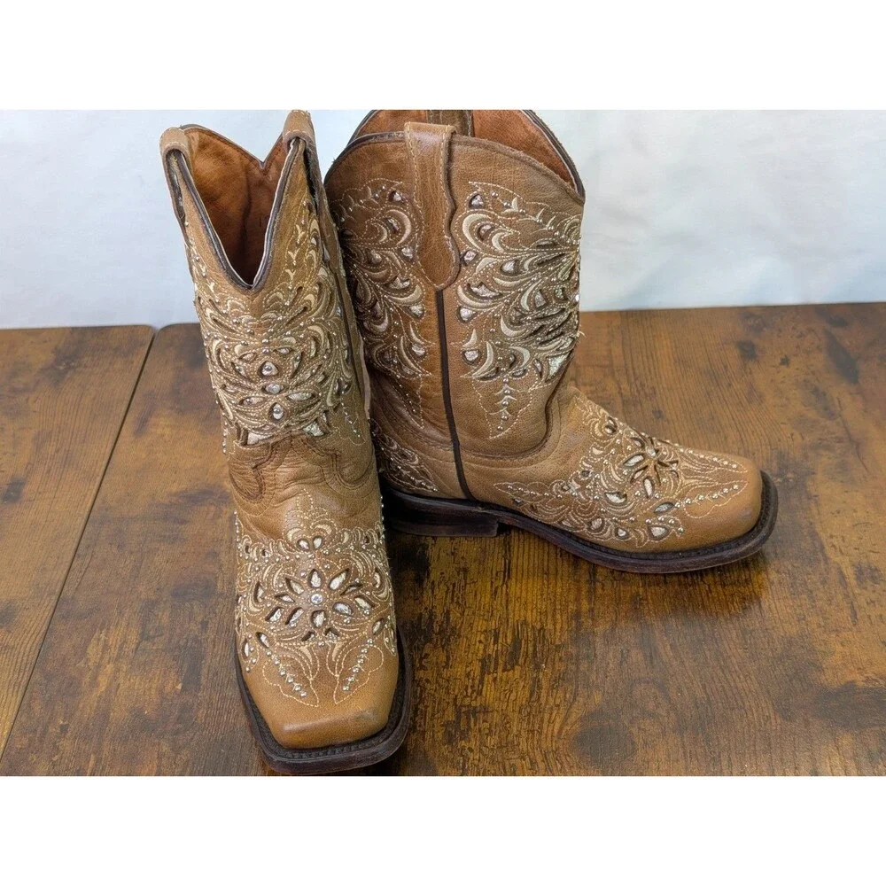 Wildflowers Bluebonnet Girls Cowboy Boots Size 11 Brown Glitter Inlay Leather